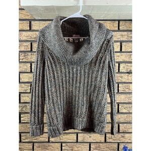 Chico's Mia Metallic Taupe Cowl Neck Pullover Sweater Open Knit Long Slvs size O